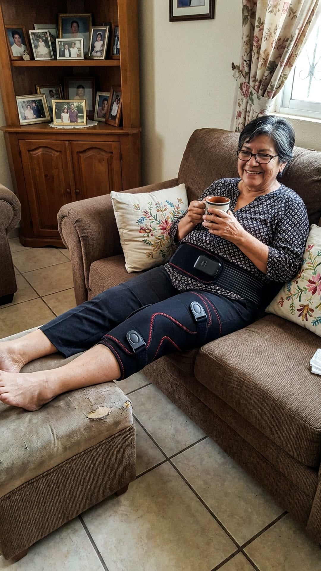 Mujer descansando en el sofa con la banda Nivora puesta
