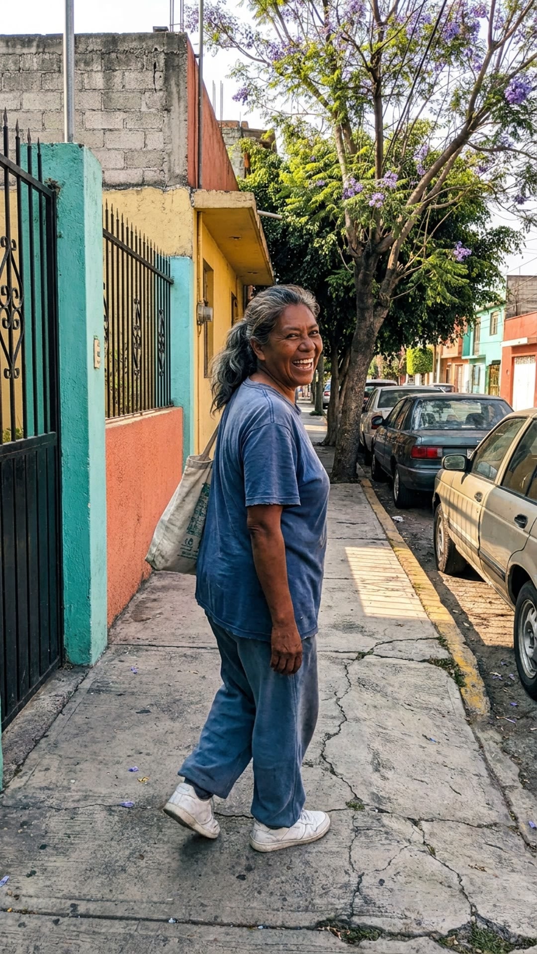 Mujer caminando al aire libre sin dolor de cadera