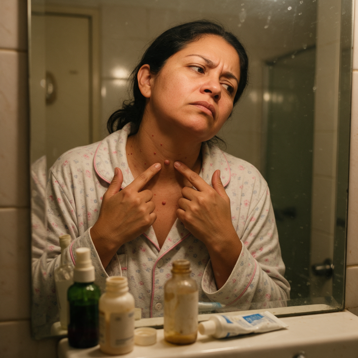 Mujer mirándose los puntos rojos del cuello en el espejo