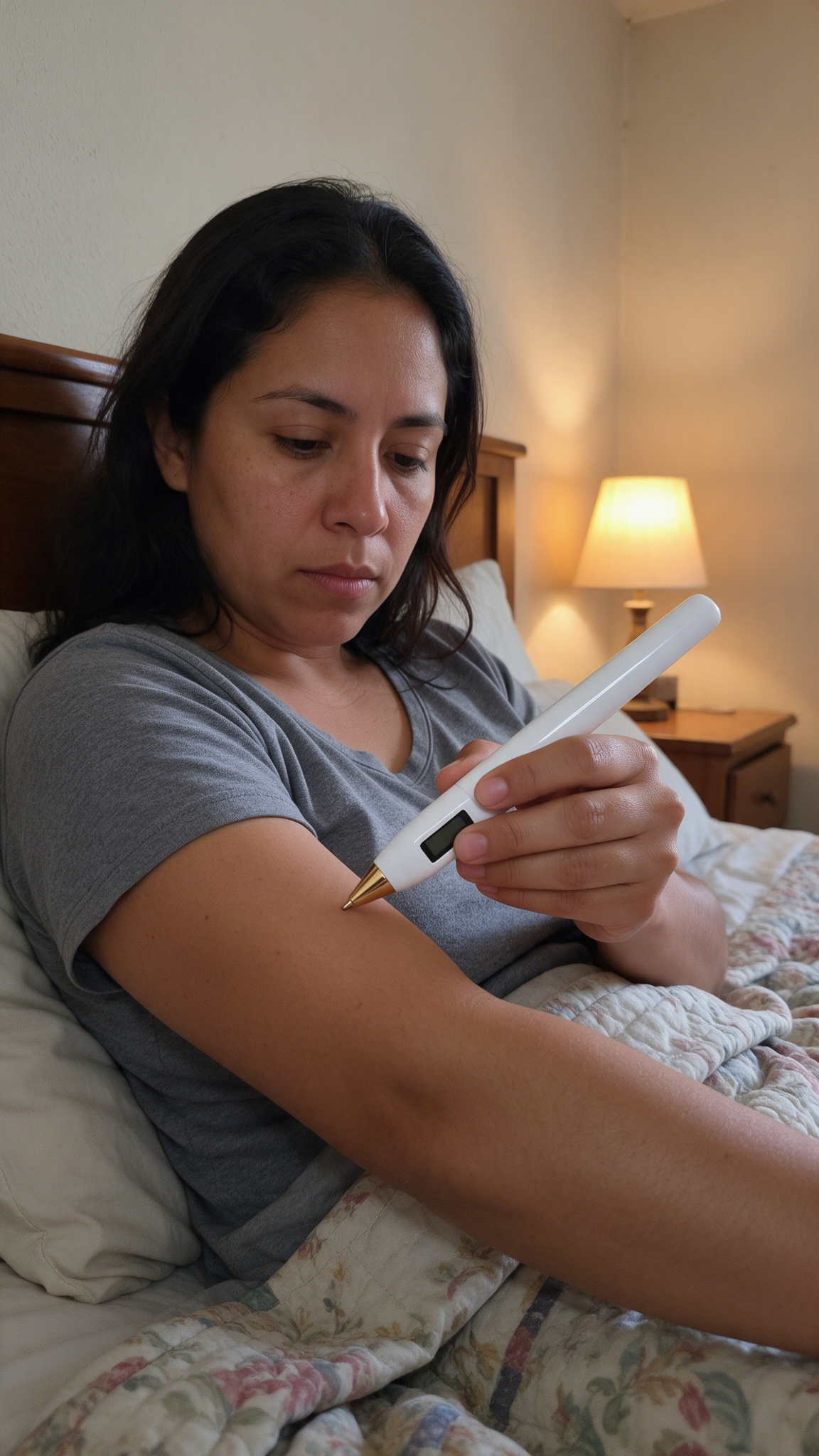 Clienta usando la pluma de plasma Nivora en su recámara